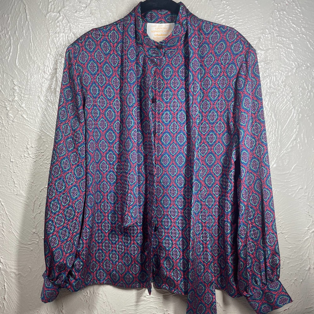 Vintage Country Sophisticates by Pendleton Top Blue Orange Damask Print Size 12‎